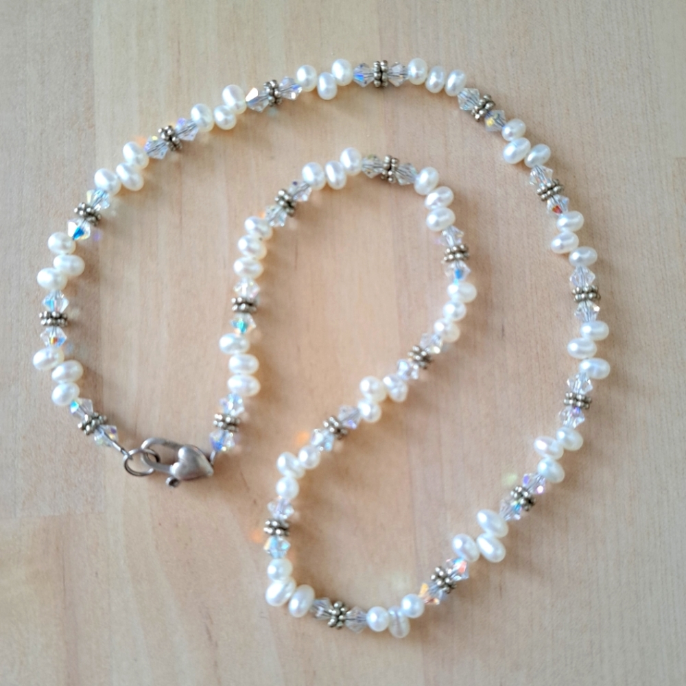 Vintage Seed Pearl And Aurora Borealis Clear Rhinestone 16 in Necklace 925